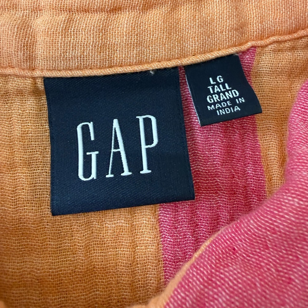 GAP Short Sleeve Button Gauze Cotton Shirt Striped Pink Orange Size Large Tall - Picture 3 of 9